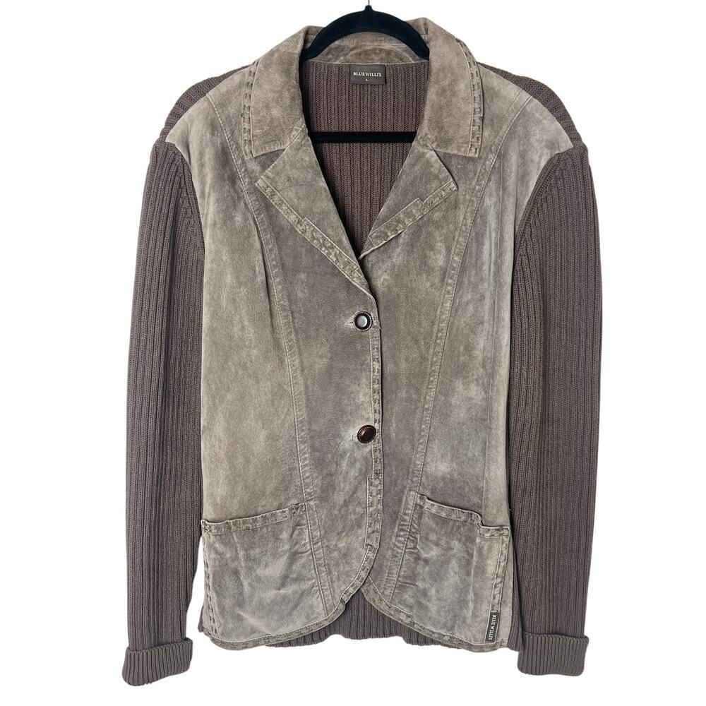 Blue Willi's Suede Leather & Knit Blazer Jacket Sweater Brown Sz L